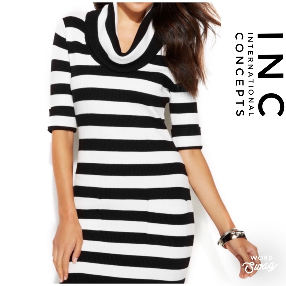 INC BLACK WHITE striped 3/4 slv Cowl Sweater XL